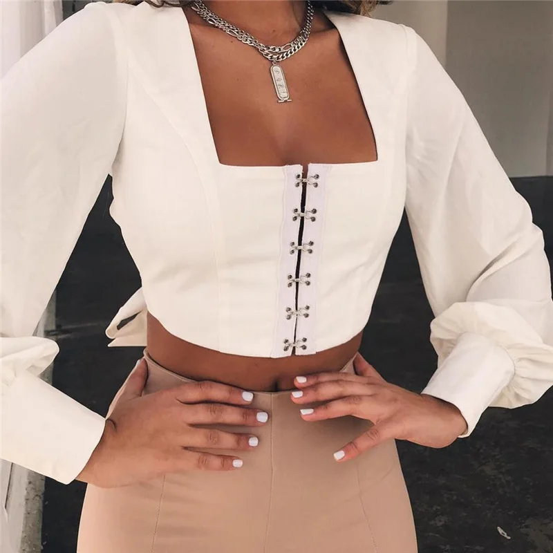 Для женщин топы и блузка спинки Фонари рукав короткий Blusa женский квадратный