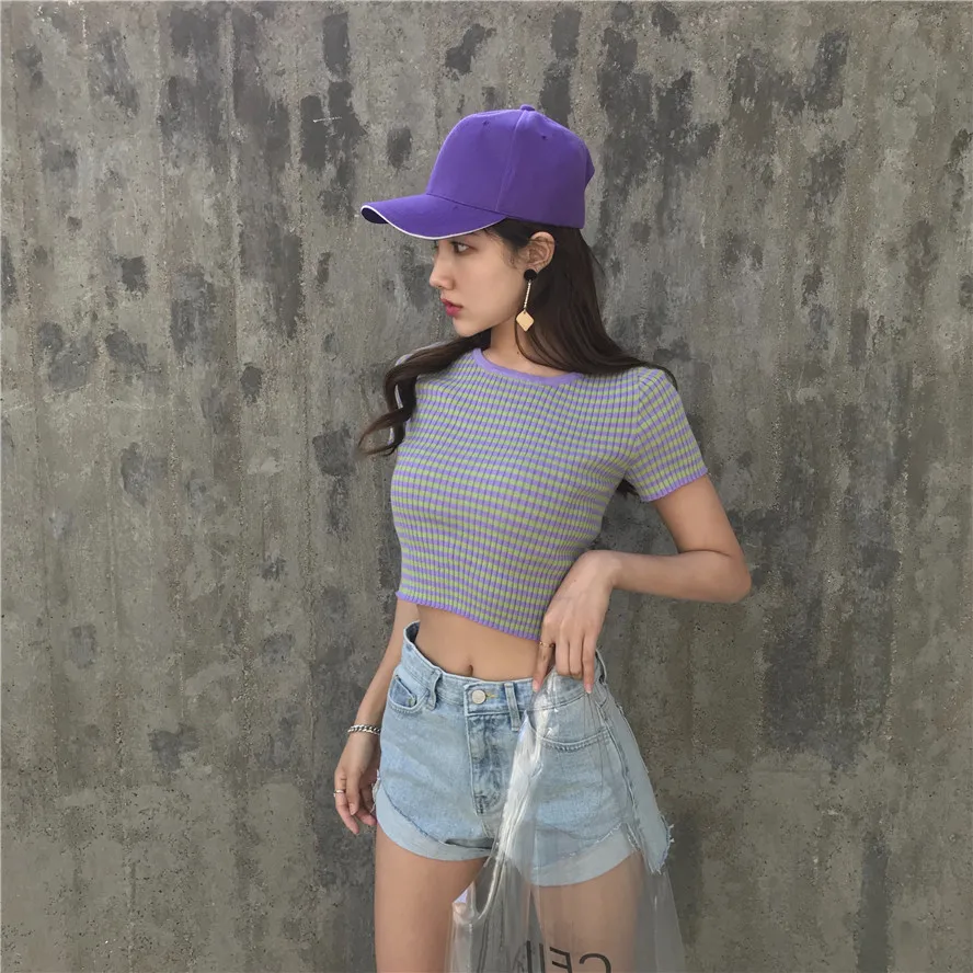 2019 summer Korean Style purple stripe sweater slim knitted tops short sleeve t shirts womens tee shirt femme (R4492) | Женская одежда