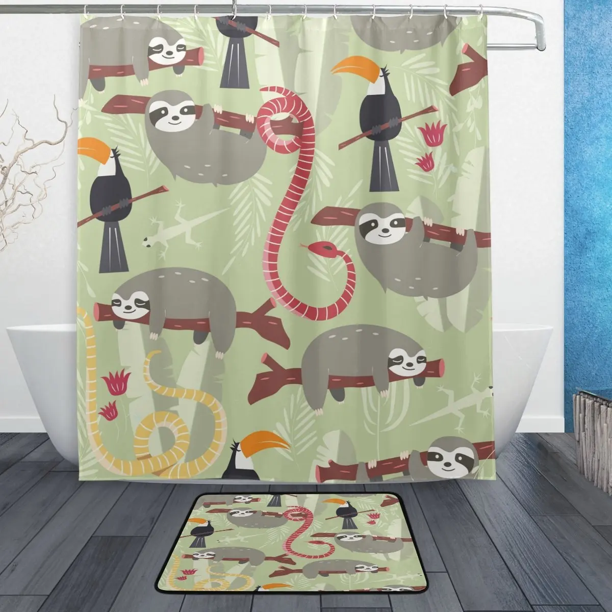 

Rain Forest Cute Sloth on Tree Waterproof Polyester Fabric Shower Curtain with Hooks Doormat Bath Floor Mat Bathroom