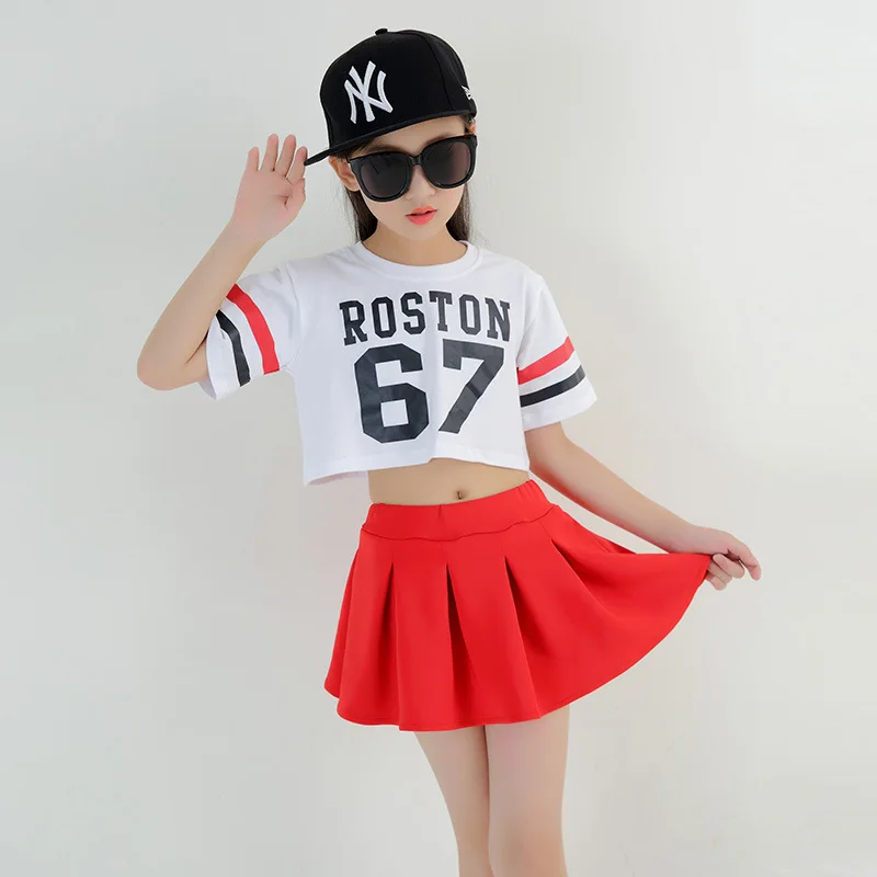 

Kids Loose Cropped Tops T Shirts Casual Hip Hop Skirt Girls Ballroom Dance Clothes Fashion Modern Dancing Costume Dance Skirts