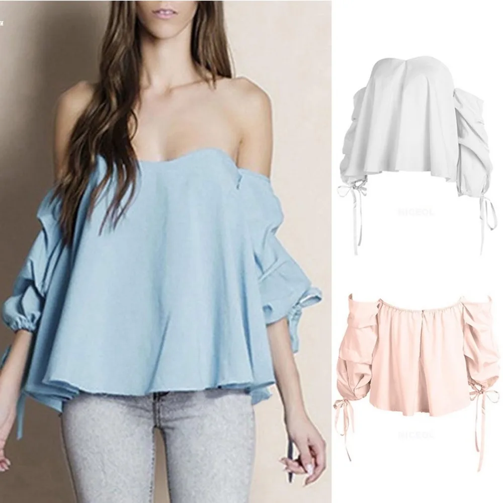 2017 Лето Блузка Новая Мода Женщин Повседневная Слэш Шеи С Плеча Зашнуровать