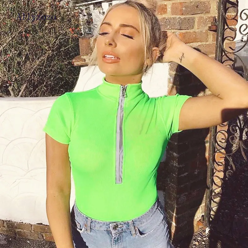 High Street Sexy Reflective Zipper Down Green Bodysuits for Women Sheath Rompers playsuits | Женская одежда