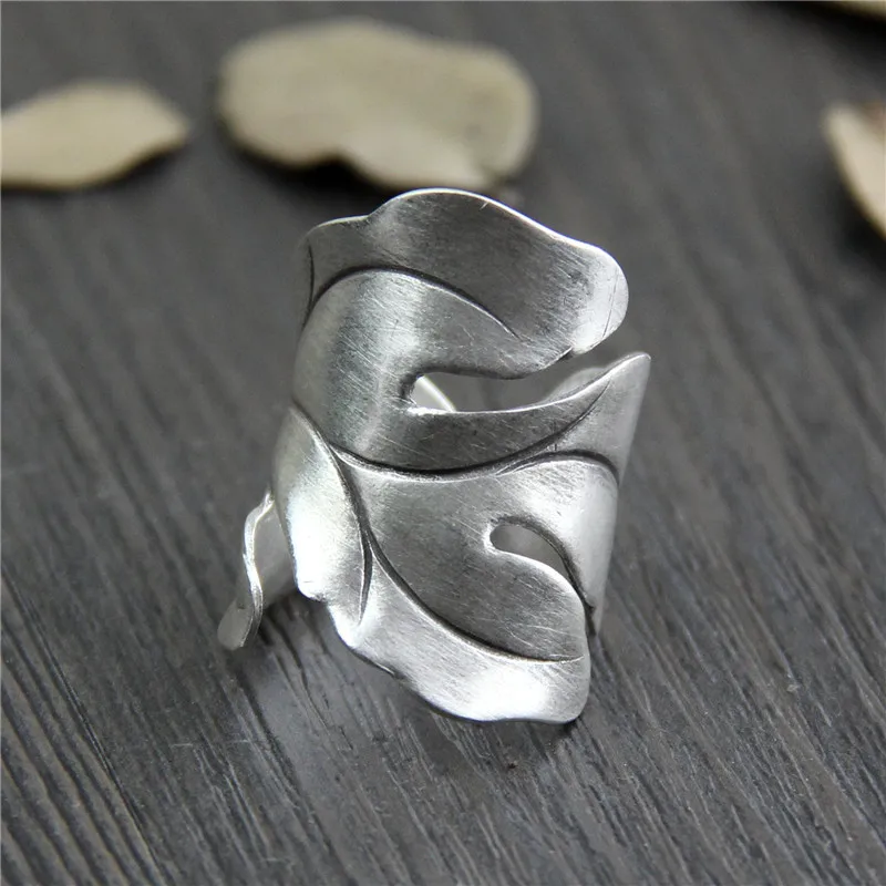 

C&R Real S999 Sterling Silver Rings for Women Hollow Leaf Opening Ring Handmade Thai Silver Ring Vintage Fine Jewelry Size 7-8