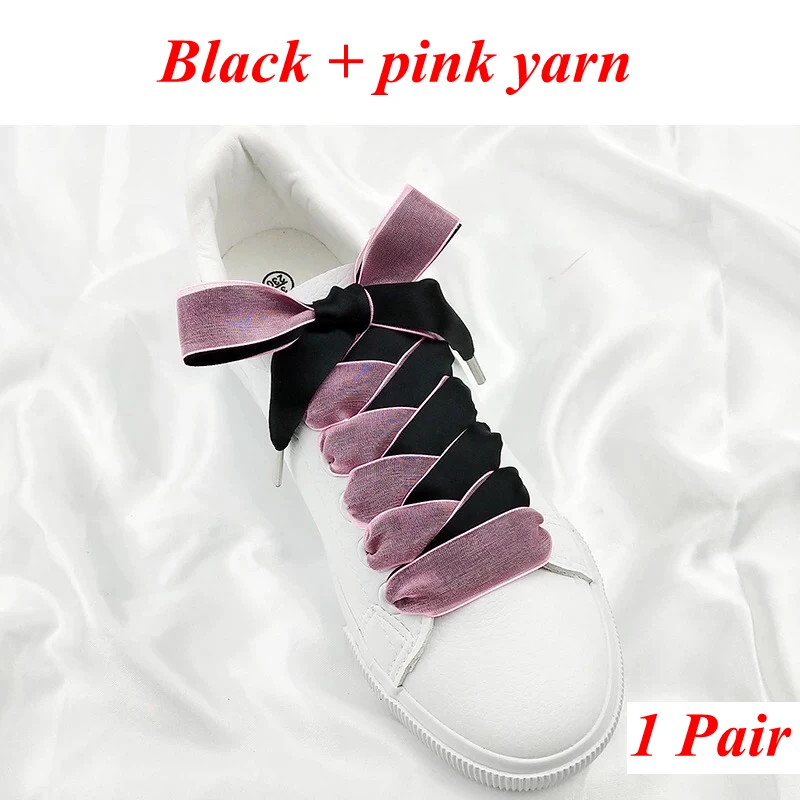 Black pink 1 пара двусторонний шелковые шнурки снег пряжа атласная лента обувь с кружевами на шнурках модные кроссовки шнурки 2 см Ширина 80/100/120 см - Цвет: Black pink