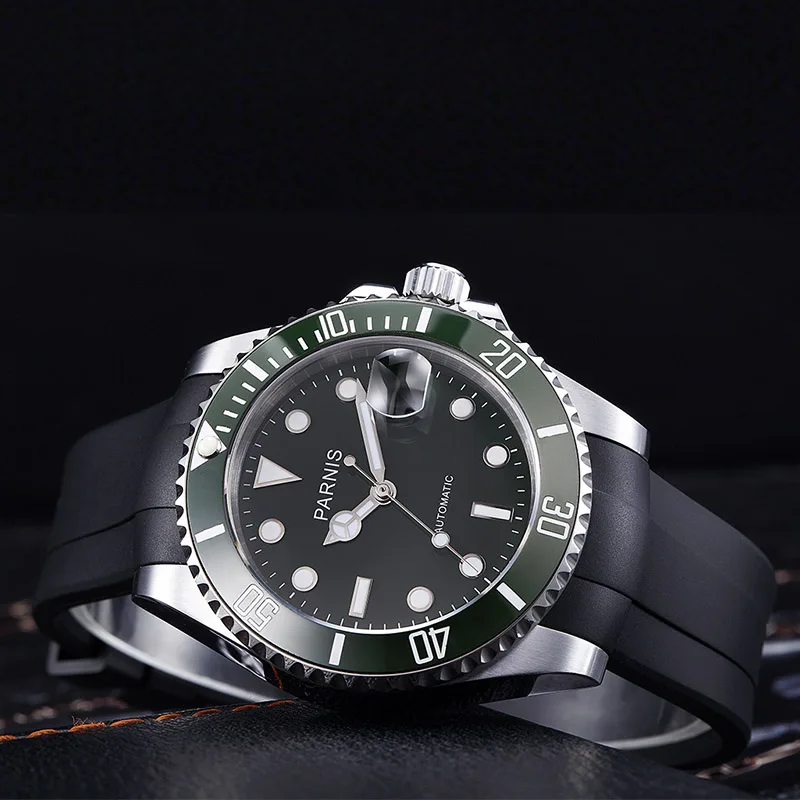 black green rubber Parnis 40 мм Мужские автоматические механические часы керамические 100 м водонепроницаемые стальные часы mekanik erkek kol saati reloj automatico - Цвет: black green rubber