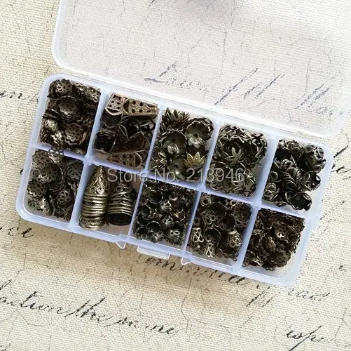 

( Antique Bronze - Bead Caps ) 1200Pcs/Set Mix 10 Styles Vintage Bronze Bead Cap & Box Jewelry Findings& Accessories