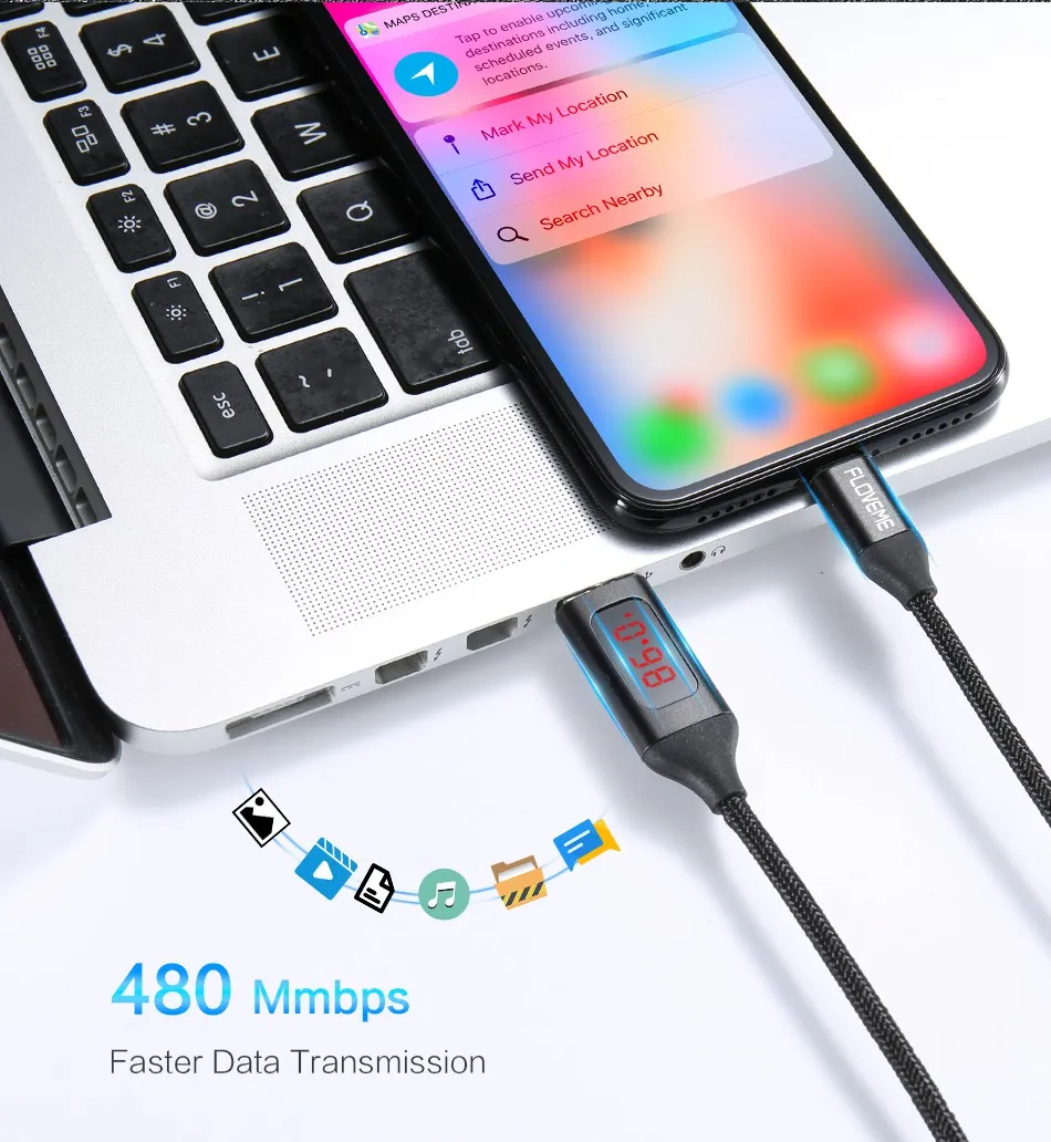 FLOVEME светодиодный цифровой USB кабель для iPhone XR Micro usb type C кабель для мобильного телефона зарядный провод для samsung Xiaomi Redmi Note 7