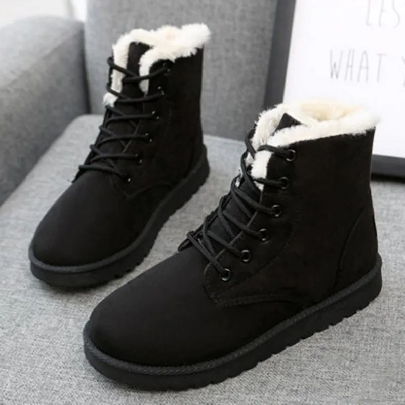 

Women Flat Lace Up Winter Snow Boots Plus Size Platform Ladies Warm Shoes New Flock Fur Suede Ankle Boots Female Footwear