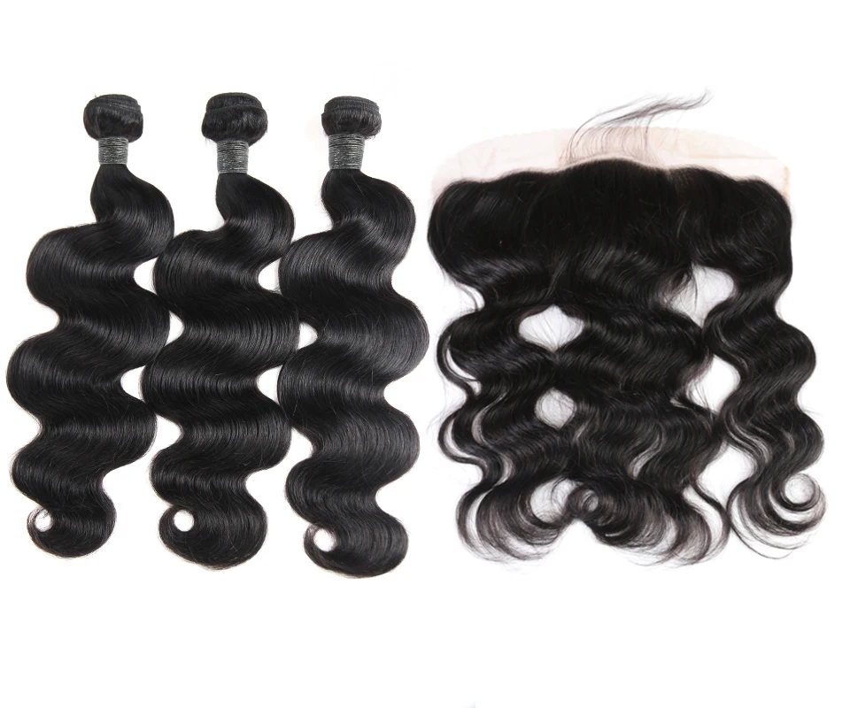 Ali queen hair Products перуанские человеческие пучки волос с фронтальным remy волосы для тела волнистые пучки с закрытием шнурка натуральный цвет