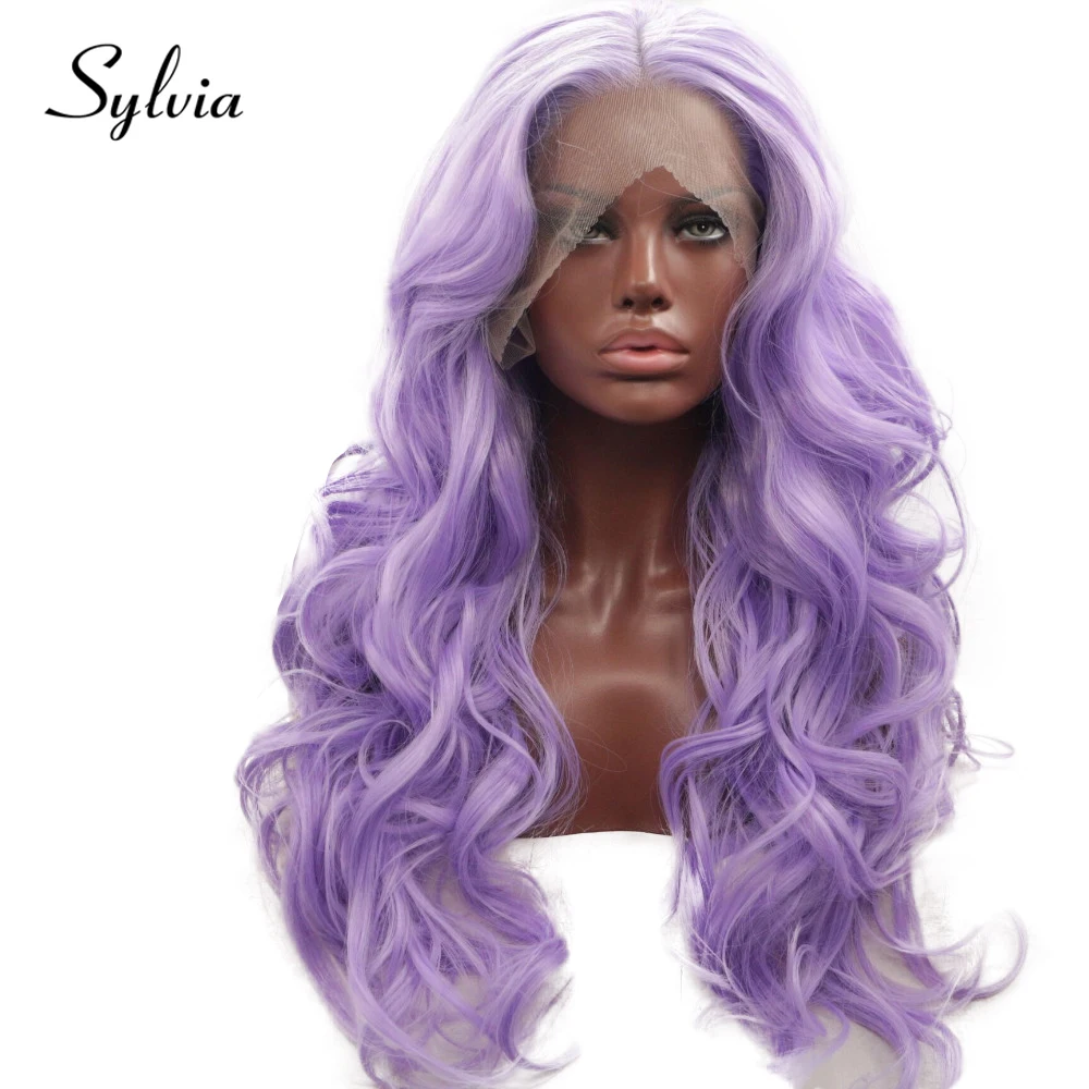 

Sylvia Light Purple Body Wave Synthetic Lace Front Wigs Middle Parting 180% Density Natural Half Hand Tied Heat Resistant Fiber