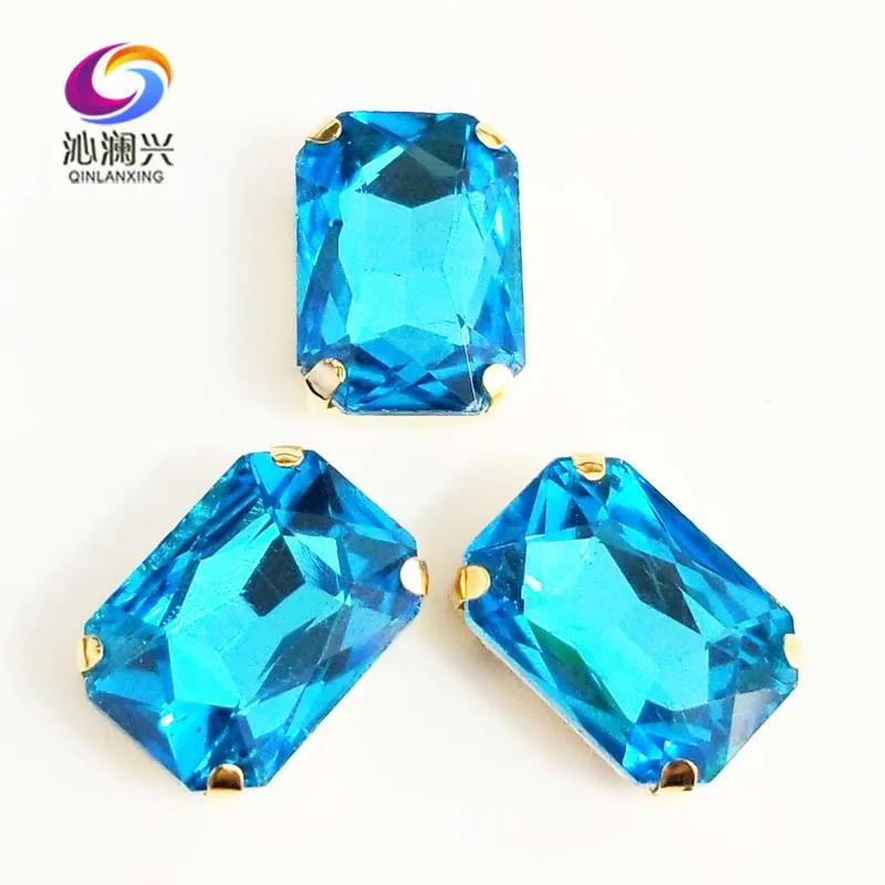 

Free shipping Lake blue Rectangle shape Glass Crystal sew on stones,golden bottom claw rhinstone,Diy/Clothing accessories SWCG12