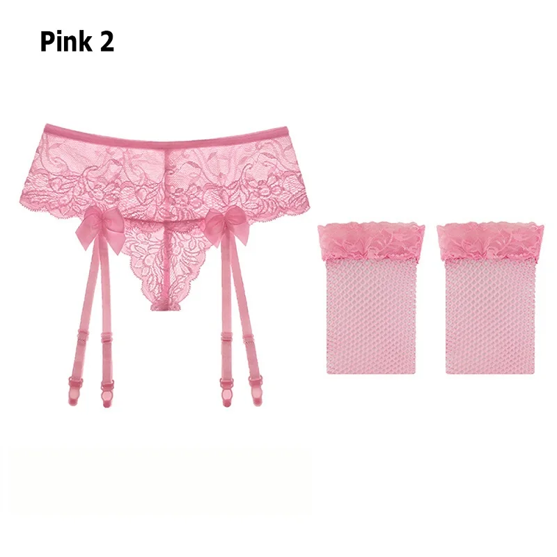 pink 2 Сексуальное прозрачное эротическое женское белье с бантом, кружевной пояс для чулок трусики-танга, Сексуальное белье аксессуары - Цвет: pink 2