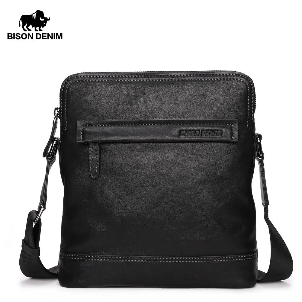 BISON DENIM натуральная кожа мужские сумки на плечо Воловья молнии дизайнерские