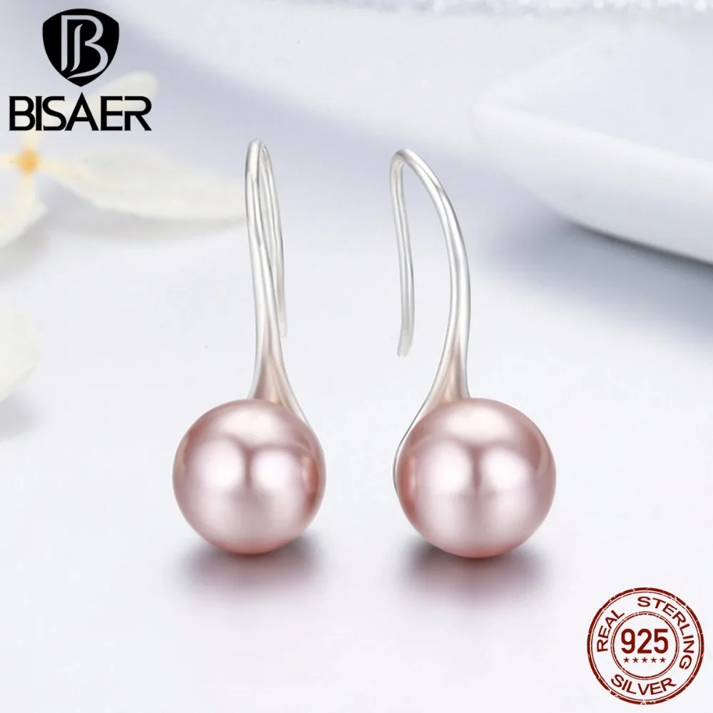 BISAER, 925 пробы, серебряные, элегантные, Круглые, черные, с искусственным жемчугом, серьги для женщин, серьги-кольца, Стерлинговое Серебро, хорошее ювелирное изделие