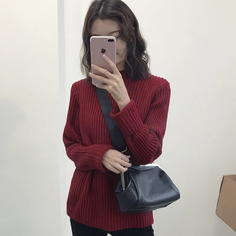 Half Turtleneck Women Sweater Jumper Autumn Winter Burgundy Soft Thin Knitted Pullover Ribbed Long Sleeve Basic | Женская одежда
