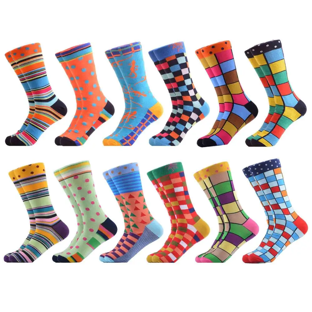 06392 (12 pairs) SANZETTI Men's Colorful Combed Cotton Happy Novelty Socks Hip Hop High Quality Skateboard Plaid Geometric Funny Socks For Gifts - Цвет: 06392 (12 pairs)