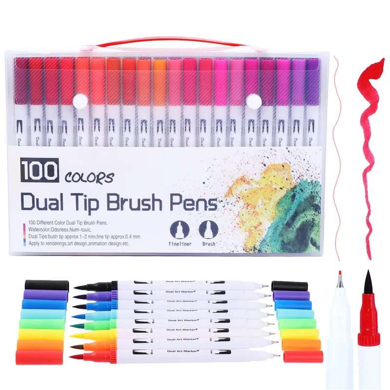 

48/60/72/100 Colors FineLiner Drawing Painting Watercolor Art Marker Pens Dual Tip Brush Pens School Supplies