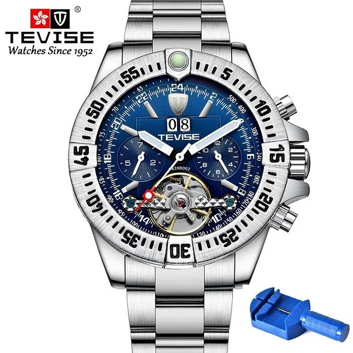 Silver Blue TEVISE часы Мужские механические часы мужские s часы лучший бренд класса люкс календарь светящиеся руки наручные часы T839B-002 erkek saat - Цвет: Silver Blue