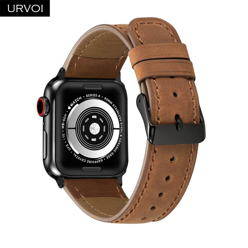Ремешок URVOI для apple watch series 5 4 3 2 1 кожаный ремешок для iwatch с черной пряжкой мягкая и удобная телячья кожа 40 44 мм