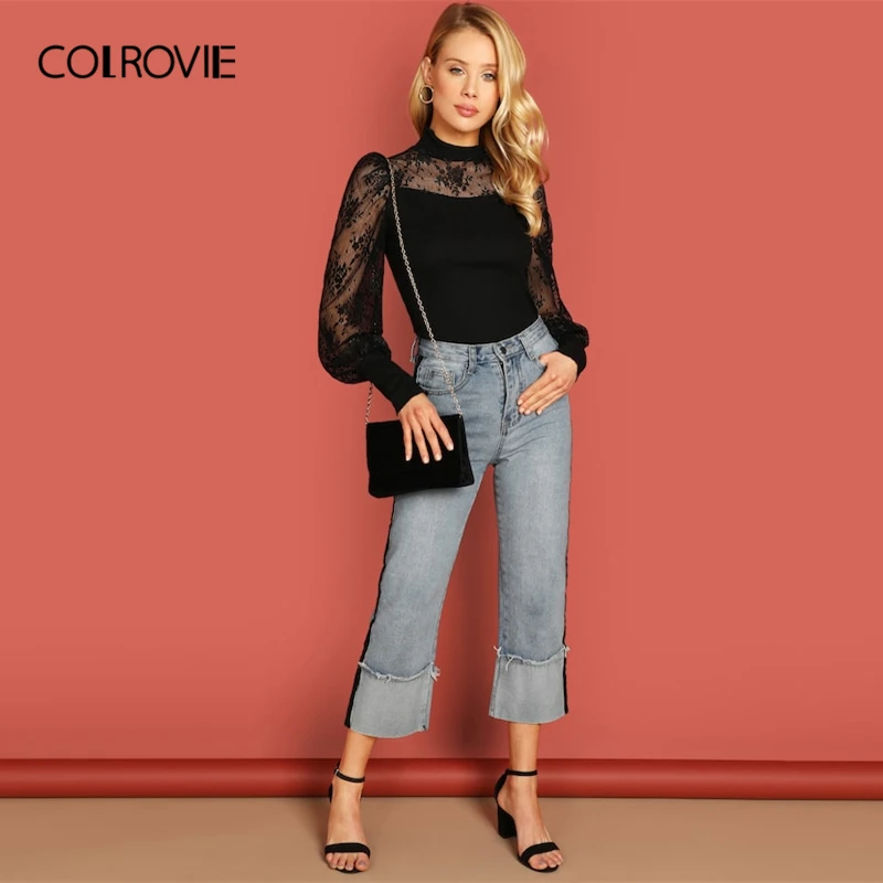 COLROVIE черная однотонная кружевная трикотажная Повседневная футболка со стоячим воротником, Женская Весенняя корейская модная Элегантная футболка с длинным рукавом