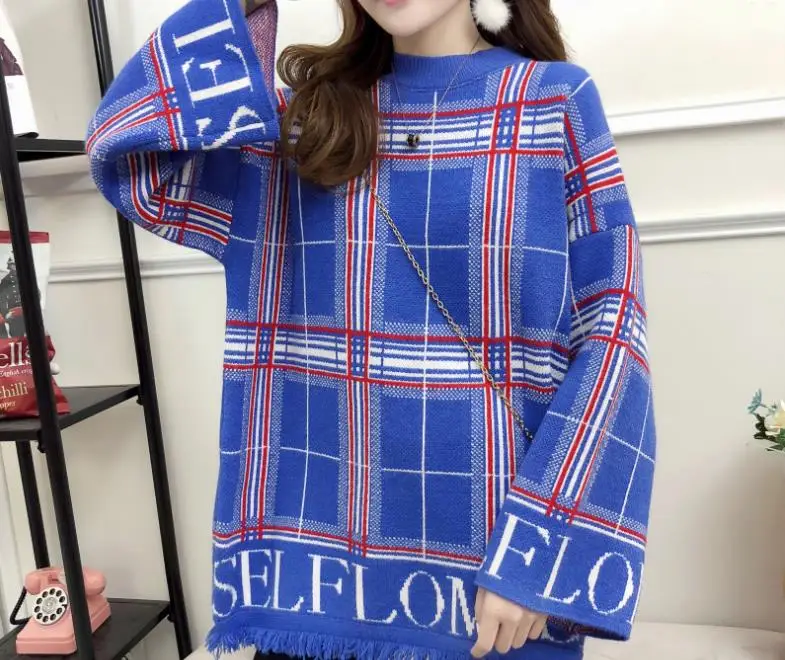 

Fringe sweater women's 2018 autumn and winter new loose bottoming shirt plaid round neck pullover sweater
