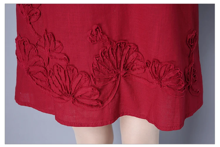 

Fall Spring Casual Woman Wine Red Embroidery Loose 3/4 Lantern Sleeve Linen Dress , Autumn Female Women Bow Embroidered Dresses