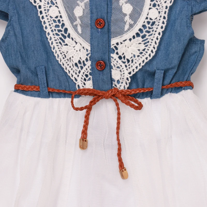 Модное детское платье-пачка принцессы из джинсовой ткани с цветочным кружевом и