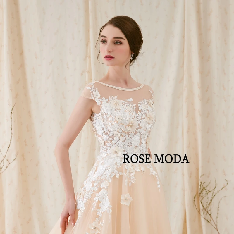Rose Moda Modern 3D Floral Lace Wedding Dress Low V Back Ivory over Champagne Bridal Gown Custom Make | Свадьбы и торжества
