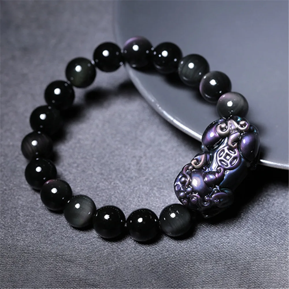 Природный Радужный глаз черный обсидиан Pixiu очаровательный браслет принести