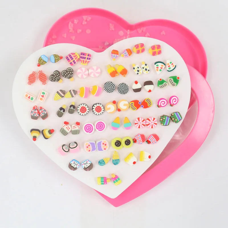 candies style 36 пар/компл. Мода Ассорти Полимерная глина серьги гвоздики комплект ювелирных изделий ручной работы фрукты Мультяшные Сережки для Для женщин и девочек детей с коробкой - Окраска металла: candies style