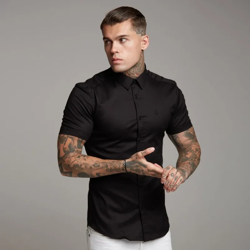 Черный Мужские рубашки свободного размера, лето, брендовая одежда, Camiseta Masculina, черная, белая, хлопковая, с коротким рукавом, мужская рубашка - Цвет: Черный