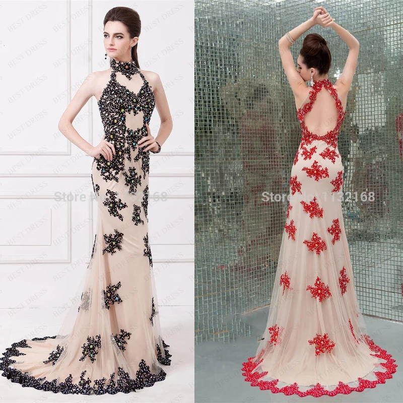 

Gorgeous High collar Mermaid Black and champagne Court train formal evening dresses gowns prom dresses gowns 2017 hot sale new