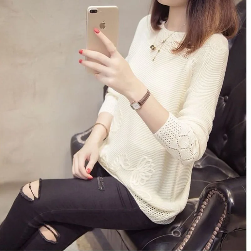 Женский трикотажный пуловер с длинным рукавом и круглым вырезом | Женская одежда