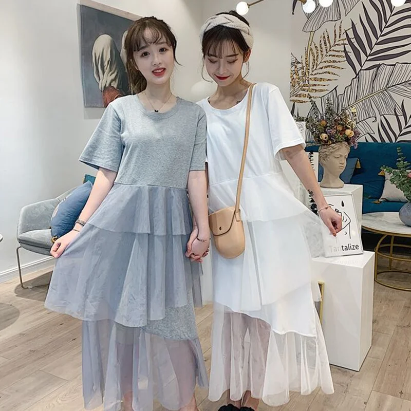 

Short Sleeve Loose Casual Asymmetrical Mesh Summer Woman Dress Grey White Solid Ruffles Chic New Mid-calf Dress Bohemia Beach
