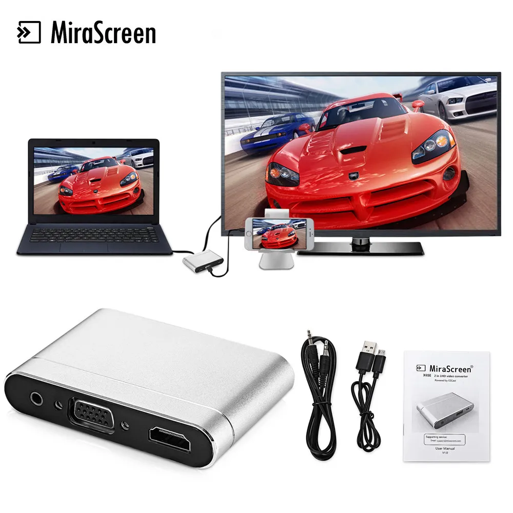 Mirascreen X6SE ТВ Stick 2 в 1 HD 1080 P 60fps Video Converter мини Дисплей Порты и разъёмы HDMI/VGA адаптер для