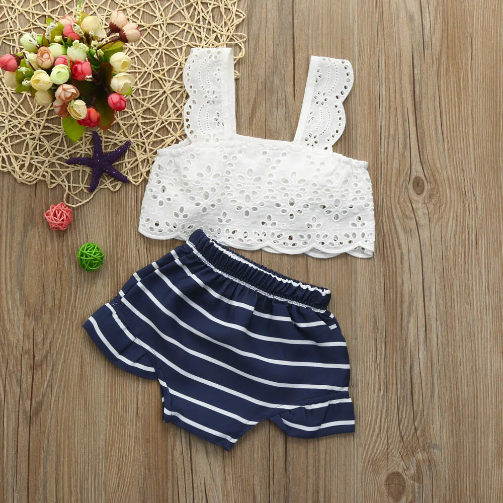 Модный комплект одежды для девочек лето 2018 костюм маленьких 2 предмета кружевная
