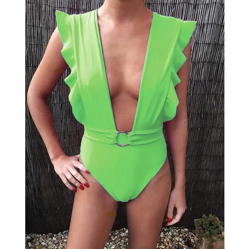 RL151 Color7 Цельный купальный костюм сексуальные купальники с оборками женский однотонный купальный костюм винтажный Ретро купальный пляжный костюм одежда для плавания с принтом Монокини - Цвет: RL151 Color7
