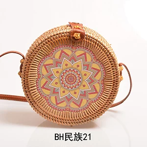 BH21 Женские сумки из ротанга с цветочным принтом, Пляжная винтажная сумка через плечо, женская Соломенная круглая Сумка-слинг B126 - Цвет: BH21