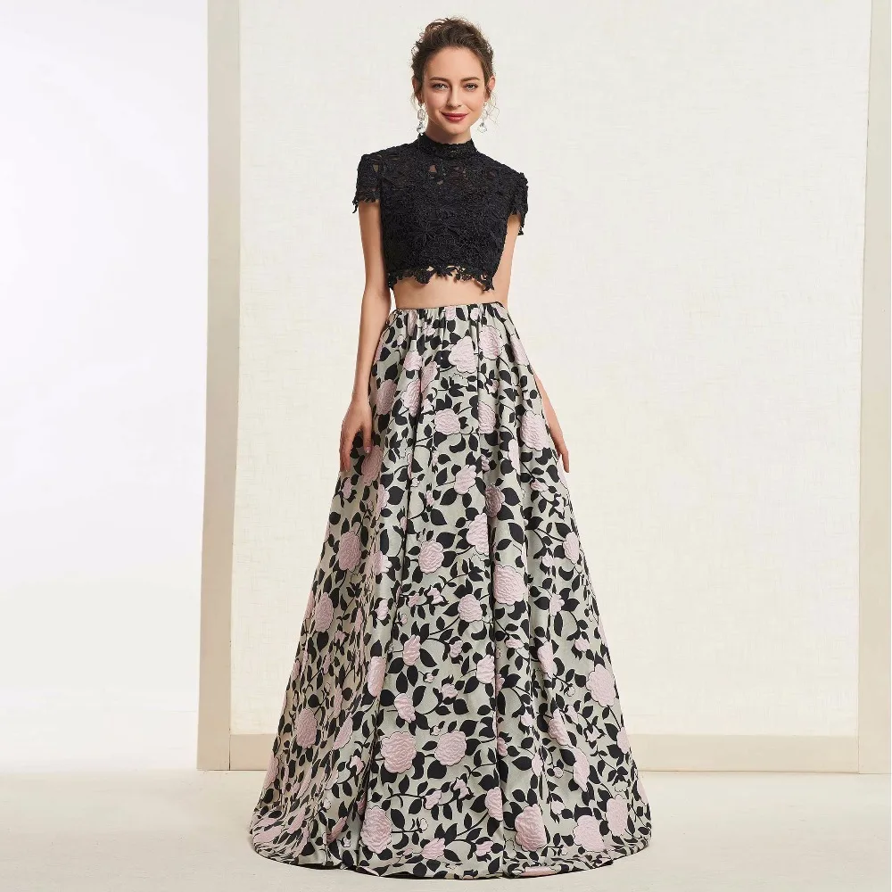 Tanpell print flowers prom dresses high neck short sleeves floor length women lace button formal custom a line gown | Свадьбы и