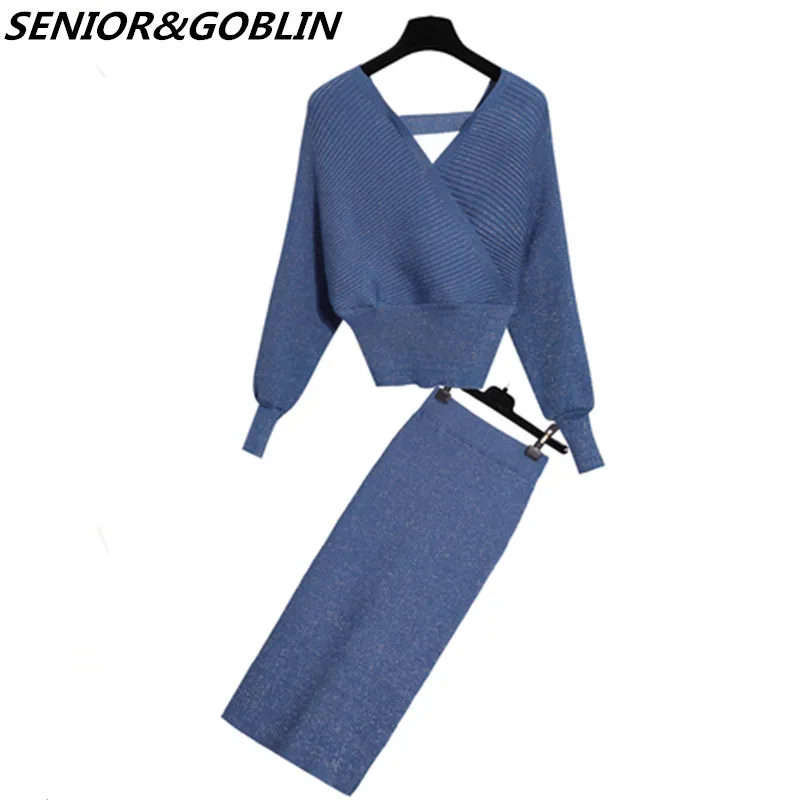 Женский трикотажный комплект из 2 предметов пуловер и длинная юбка карандаш с