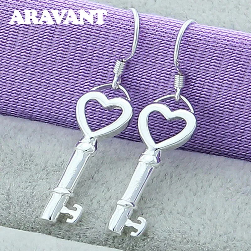 

New Fashion 925 Silver Jewelry Love Heart Keys Drop Earrings For Women Valentine'S Day Jewelry Gifts