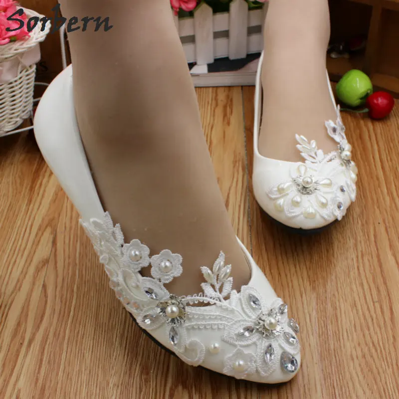 Flat Heel Sorbern/Дешевые свадебные туфли с кристаллами; белая аппликация из кружева; Свадебная обувь на Плоском Каблуке; трендовые каблуки; закрытый носок; женские туфли на плоской подошве - Цвет: Flat Heel