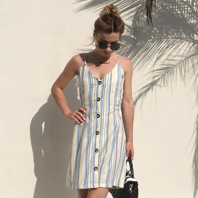 Women's V Neck Summer Spaghetti Strap Striped Polka Dot Floral Printed Button Down Swing Mini Back Bowknot Dress 2018 | Женская