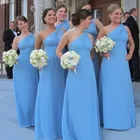 Недорогое светло-голубое платье на одно плечо темно-синегоперсиковогоцвета слоновой костицвета шампанскогосеребристогоохотничьего шифона, платье для невесты, быстрая доставка