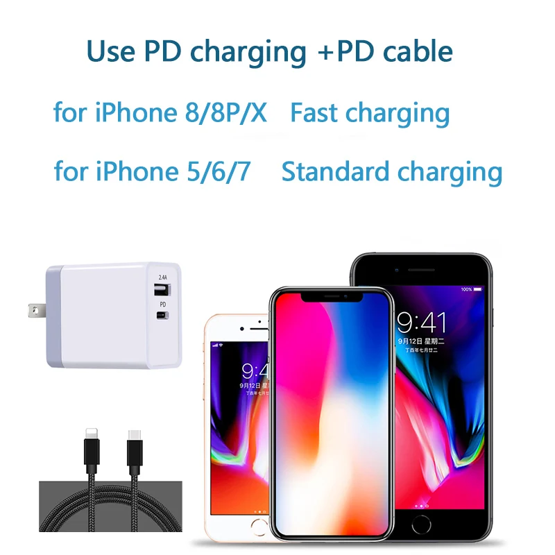 Для iPhone PD Зарядное устройство USB Тип C адаптер для X 8 30 Вт Быстрый настенного два