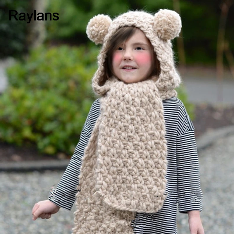 Raylans Kids Child Hat Winter Warm Knitted Crochet Hood Pompom Cap Cover Scarf |