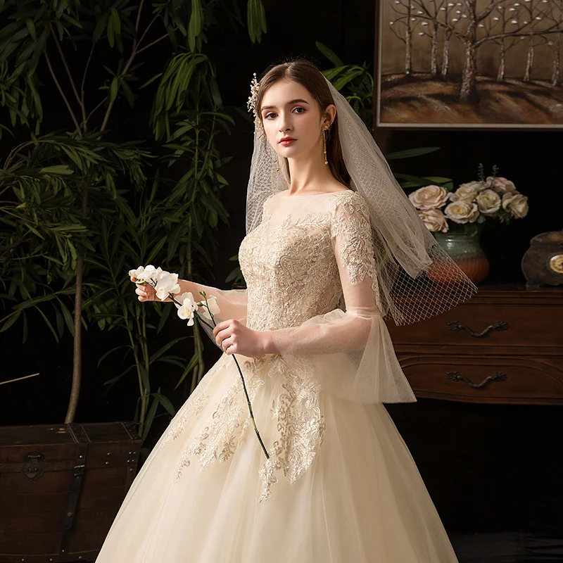 Настоящая фотография Robe De Mariee кружевное свадебное платье с аппликацией вырез лодочкой расклешенный рукав размера плюс свадебное бальное платье Vestido De Noiva 30
