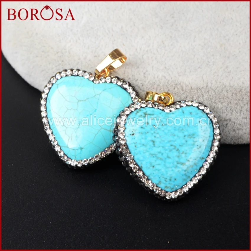 

BOROSA подвеска в форме сердца синий Howlite зеленый небесно-голубой камень винтажные подвесные бусины для ожерелья стразы выложены JAB596