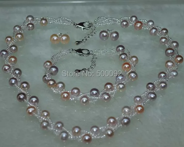 Pink&purple 3line freshwater pearl set Necklace Bracelet and Earring