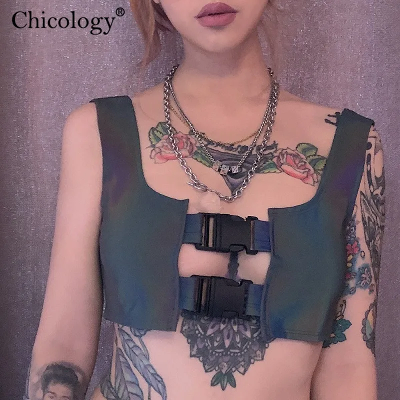 Chicology Светоотражающая отражающий Пряжка укороченный топ на бретелях 2019 летнее